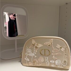 Dior Cream Embroidered Floral & Butterfly Mesh Cosmetic Pouch